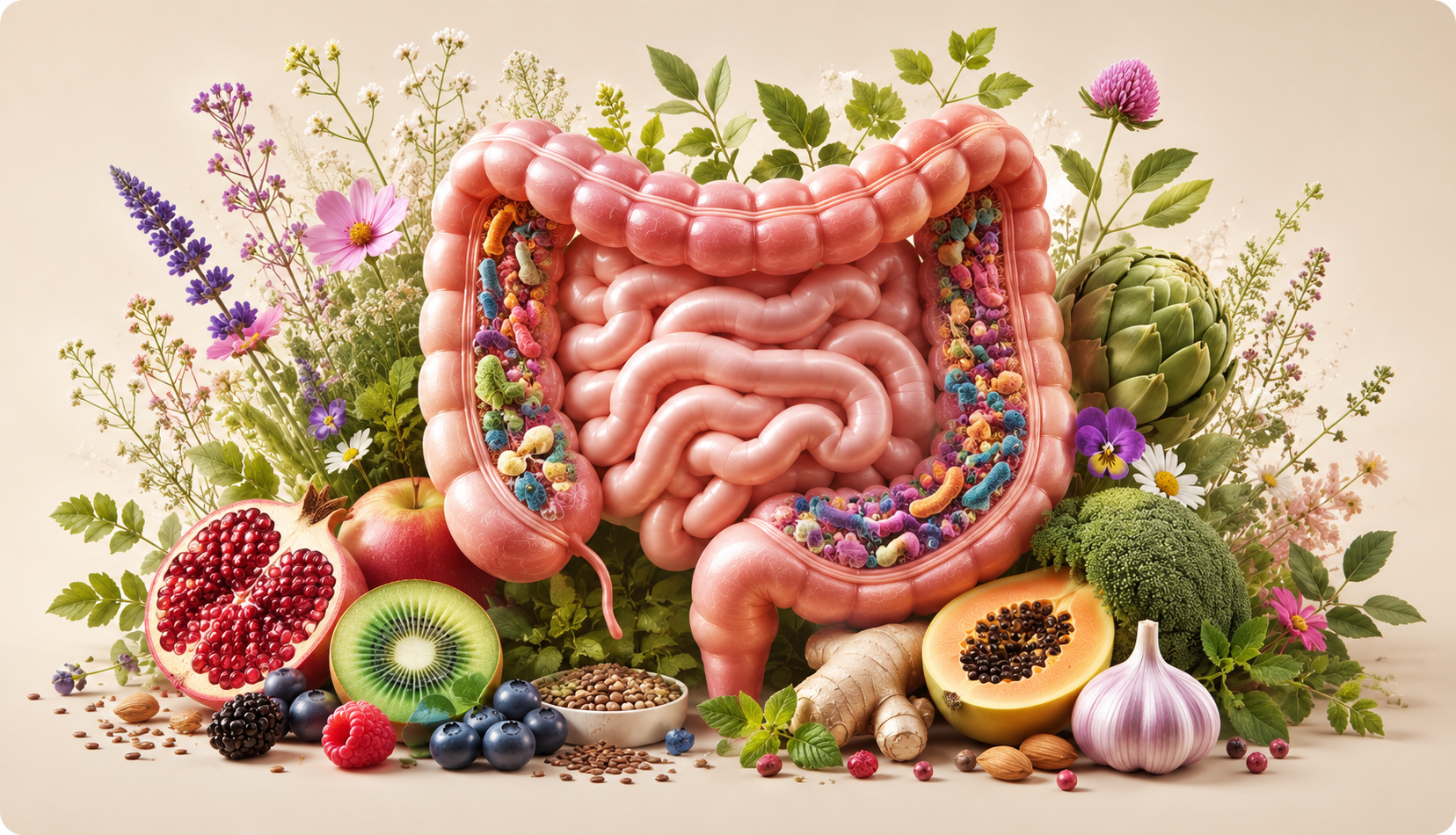 Gut health illustration with produce and herbs